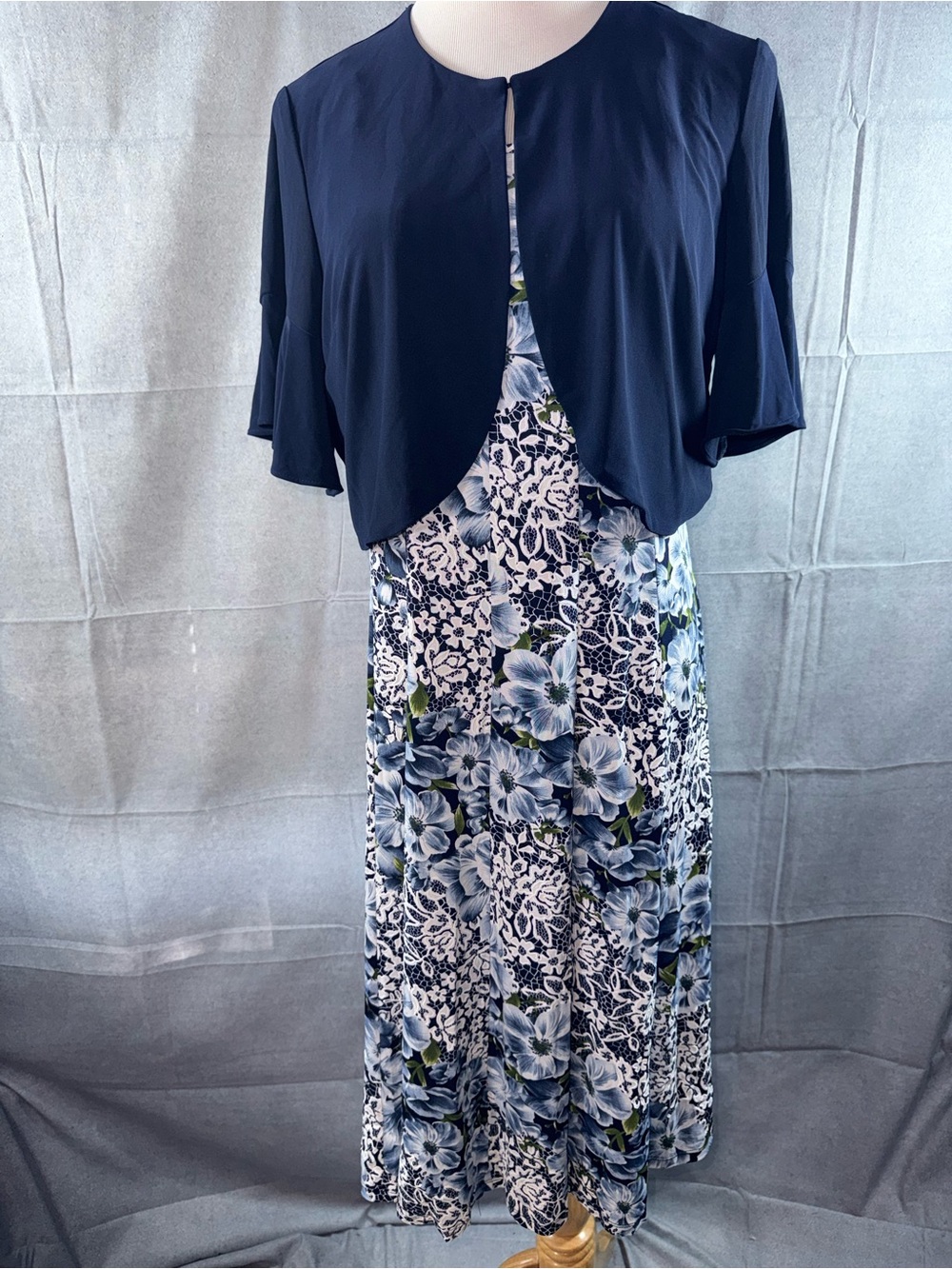 3108-Perceptions Navy Floral Maxi Dress with Matching Cropped Jacket